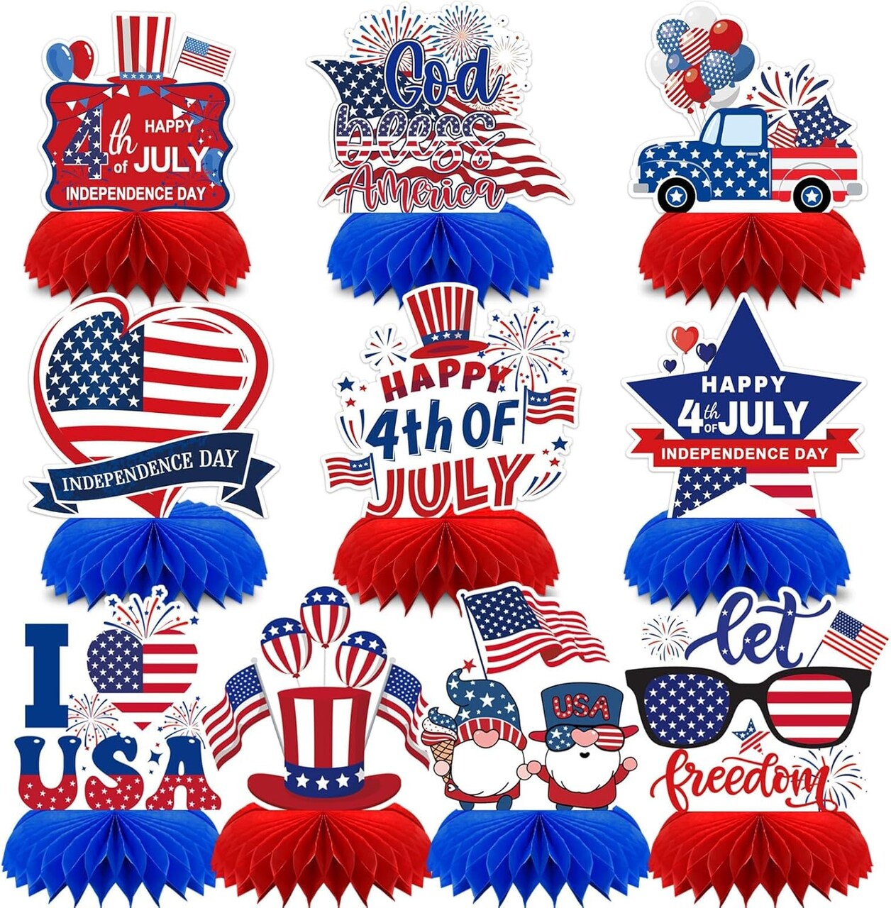4th of July Table Centerpiece,10Pcs Patriotic Table Decorations Centerpiece Memorial Day Honeycomb Centerpieces for Tables Blue Red Double Sided Centerpieces for Independence Day Party Decor